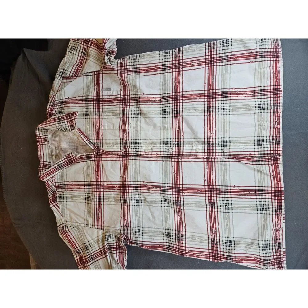 Columbia PFG Vented Fishing Knot All Over Print‎ Red Button Down S/S Shirt XXL